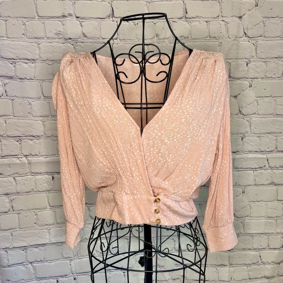 ONIELL, pink with white polka dot, deep v-cut long sleeve blouse - Picture 1 of 2